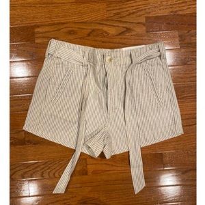 blue and white striped shorts with tie and pockets